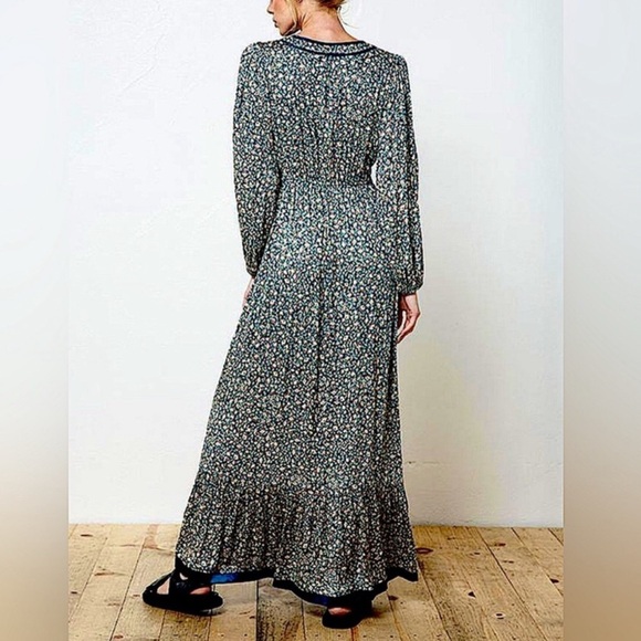 Boho Floral Maxi Dress | Teal Emerald Long Sleeve Ruffle Hem Tassel Dress - Picture 3 of 5